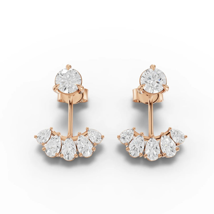 Lab grown diamond earrings featuring a round brilliant stud with a pear-shaped fan jacket in 18k gold.