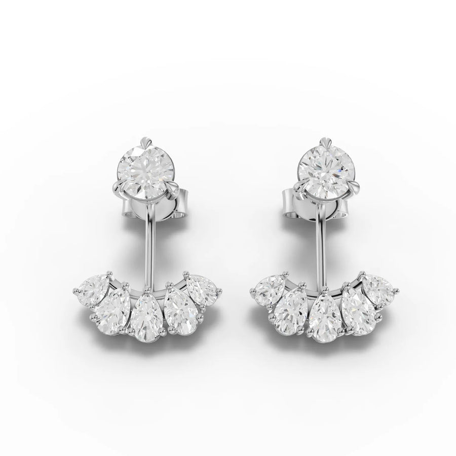 2.18 Ct lab-grown diamond studs featuring a round brilliant diamond with a pear-shaped fan jacket in a refined design.
