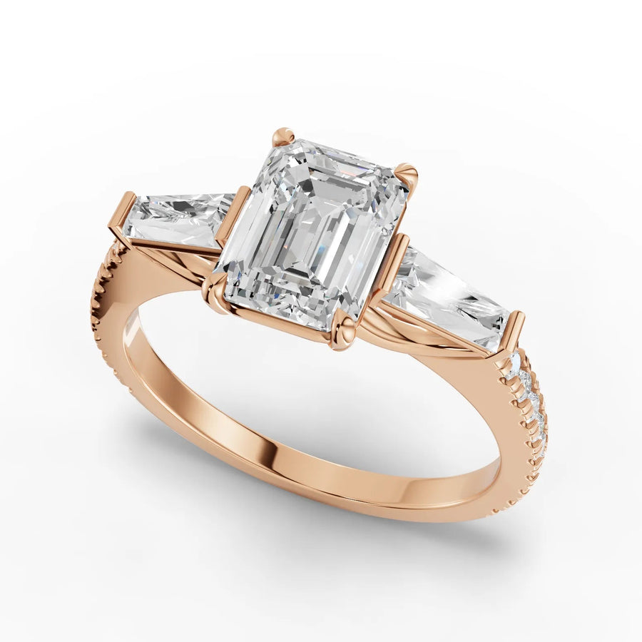 Emerald baguette diamond ring rose gold angle