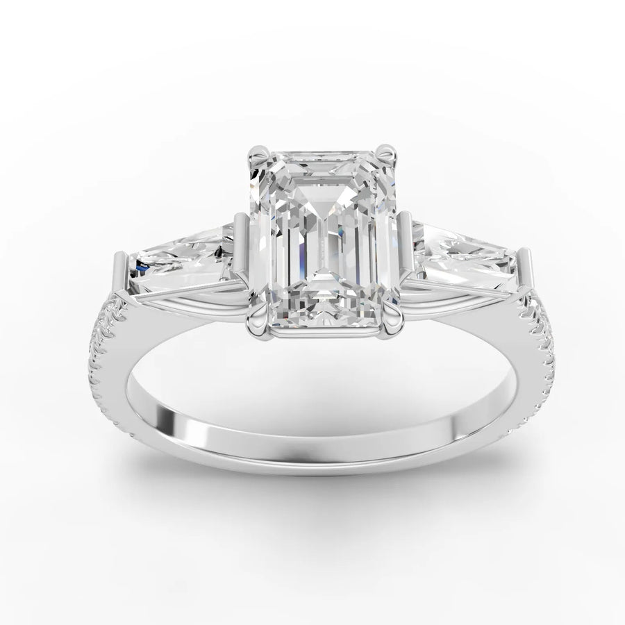 2.22 ct emerald cut three-stone pavé lab diamond ring in 18KT gold with 1.5 ct center and baguette sides