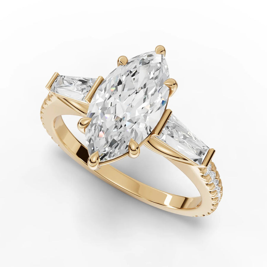 Marquise baguette diamond ring yellow gold angle
