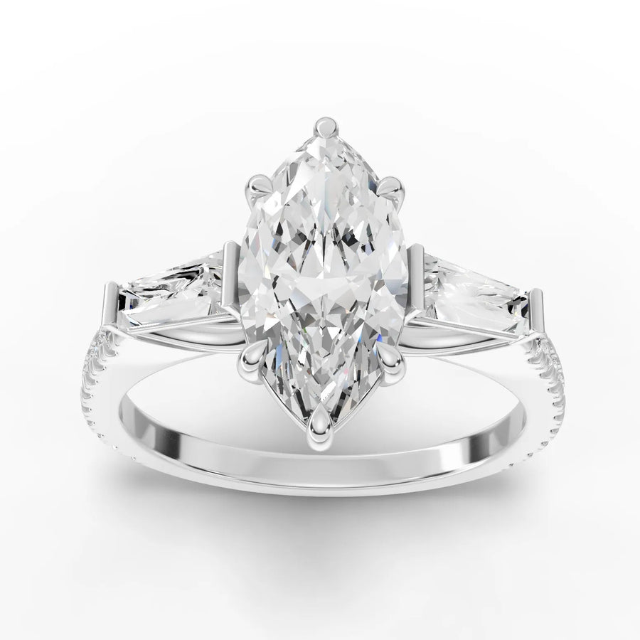 2.22 ct marquise lab diamond ring with 1.5 ct center, tapered baguette side stones, pavé band, in 18KT gold