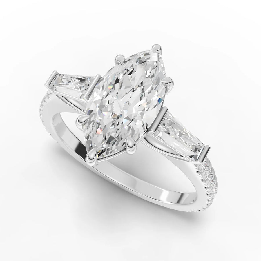 Marquise baguette diamond ring white gold angle
