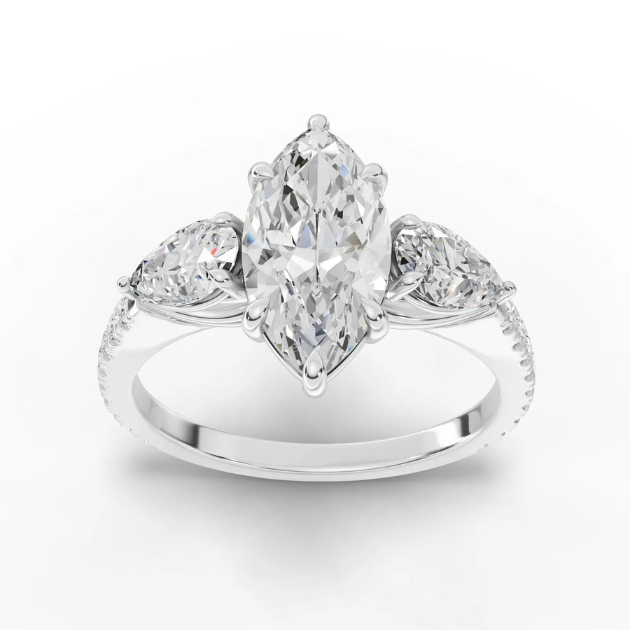 1.68 ct marquise three-stone pavé lab diamond ring with 1.00 ct center, pear side stones, and diamond band accents