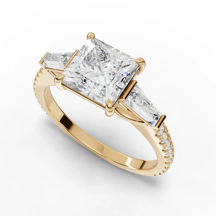 Princess baguette diamond ring yellow gold angle