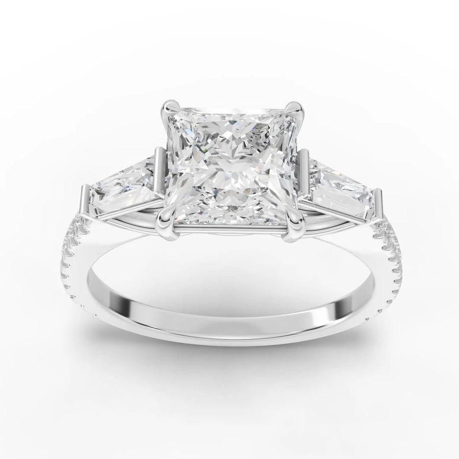 2.22 ct princess lab diamond three-stone ring with 1.5 ct center, tapered baguettes, pavé band in 18KT gold