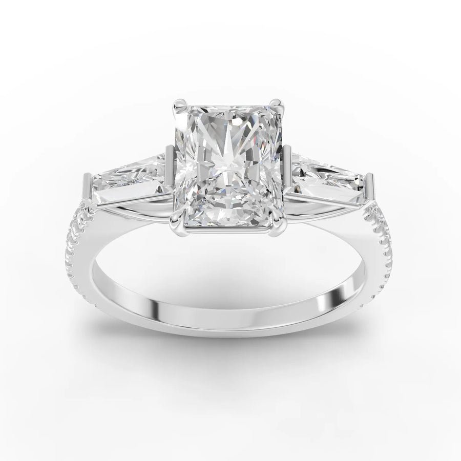 2.22 ct radiant three-stone pavé lab diamond ring with 1.5 ct center, tapered baguette sides, in 18KT gold
