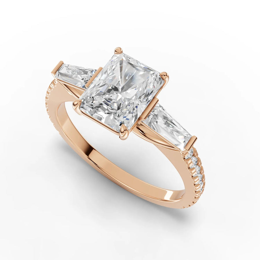 Radiant baguette diamond ring rose gold angle