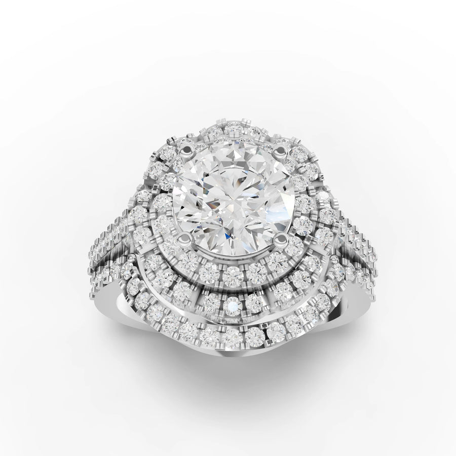 Triple halo ring white gold angle