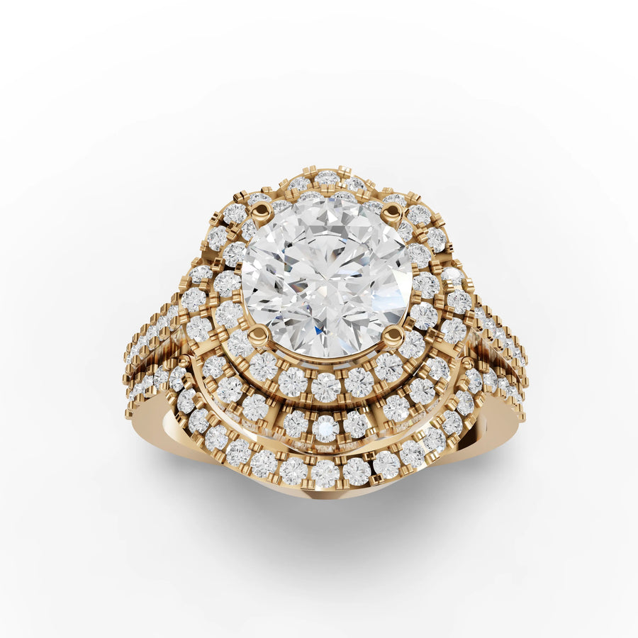 Triple halo ring yellow gold angle