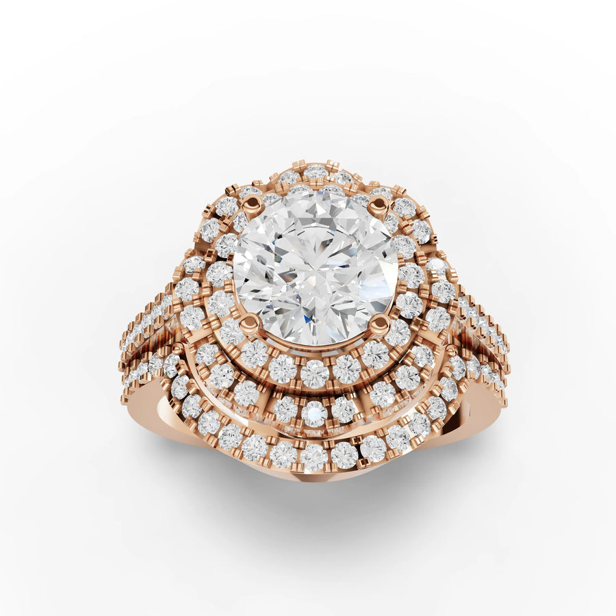 Triple halo ring rose gold angle