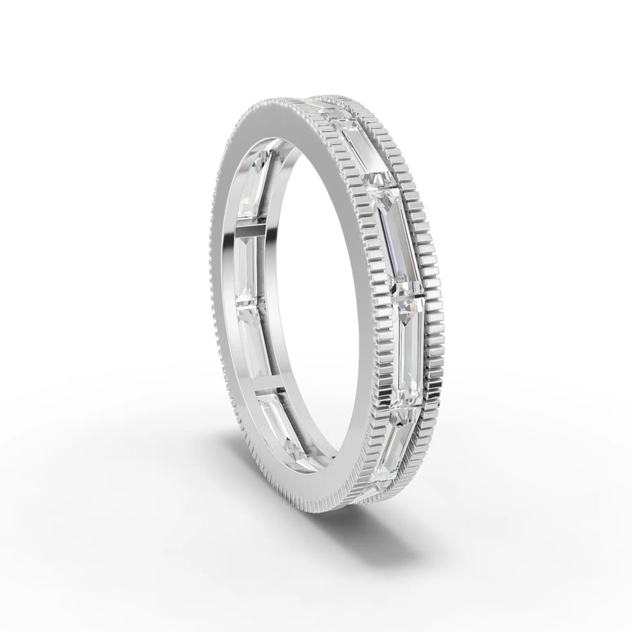 Baguette cut lab-grown eternity ring white gold close-up