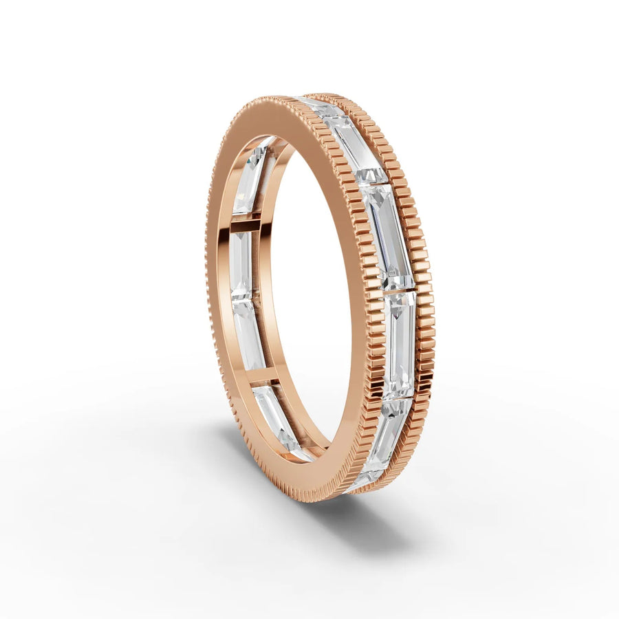 Baguette cut lab-grown eternity ring rose gold close-up