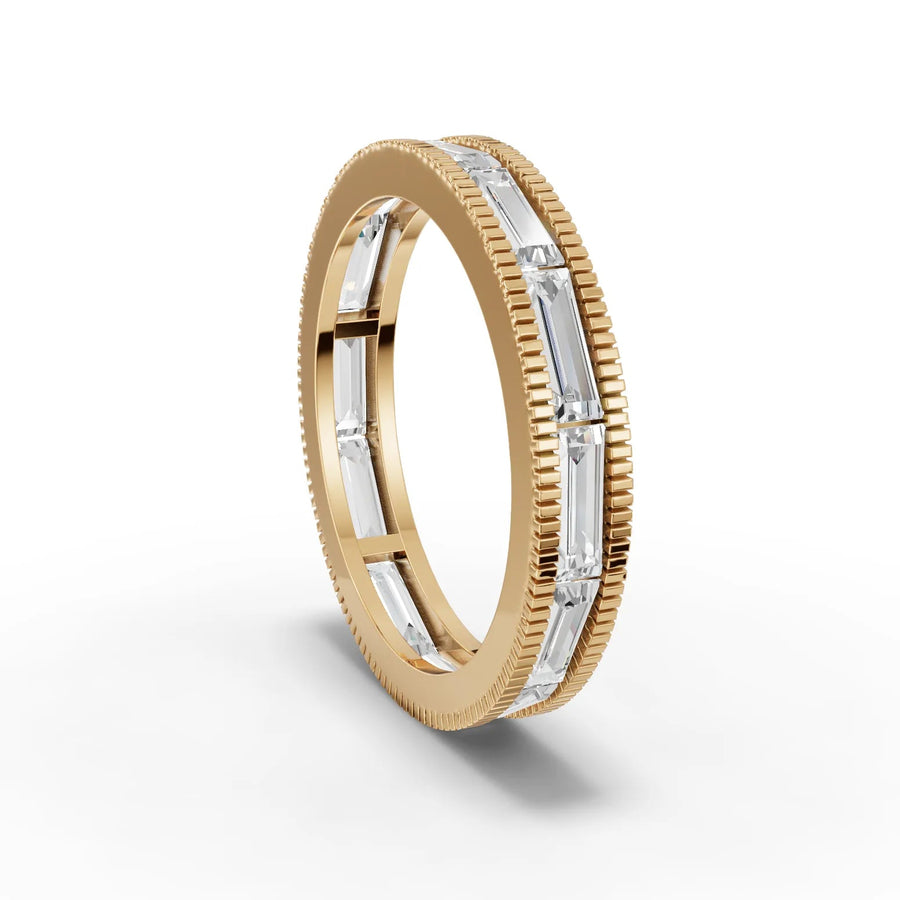 Baguette cut lab-grown eternity ring yellow gold close-up