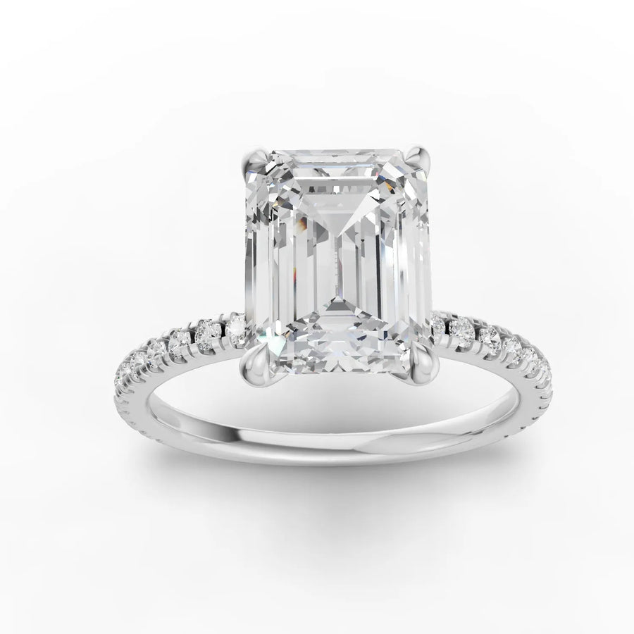 2.23 ct emerald hidden halo pavé lab diamond ring with 2.00 ct center stone in 18K gold