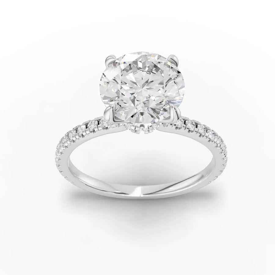 2.23 CT round hidden halo pavé lab-grown diamond ring with 2.00 CT center stone and accent diamond band