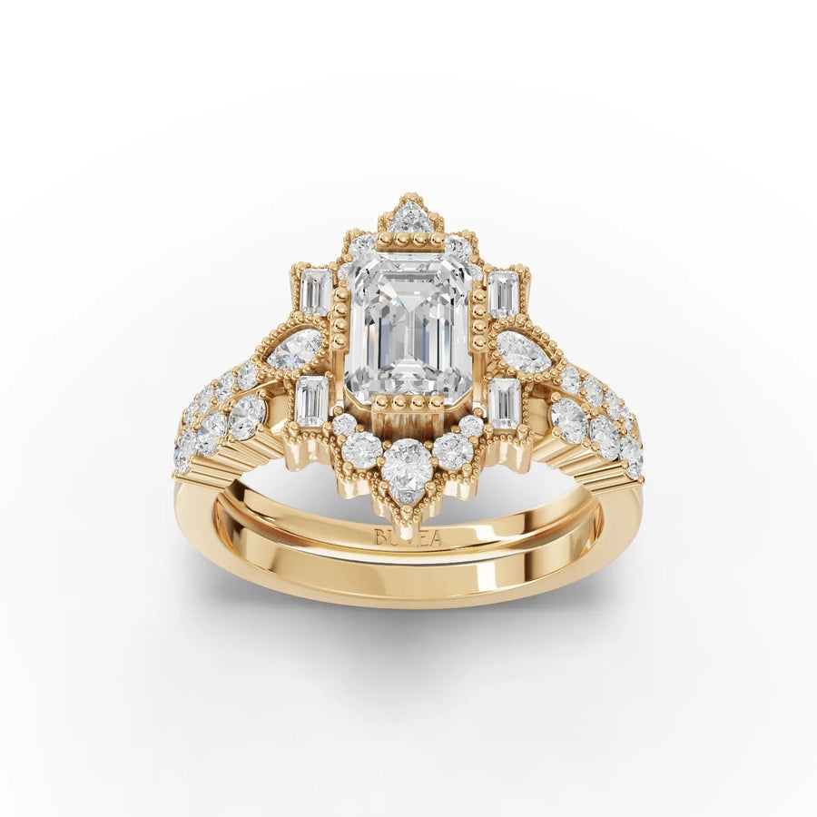 Emerald cut halo diamond ring yellow gold top view