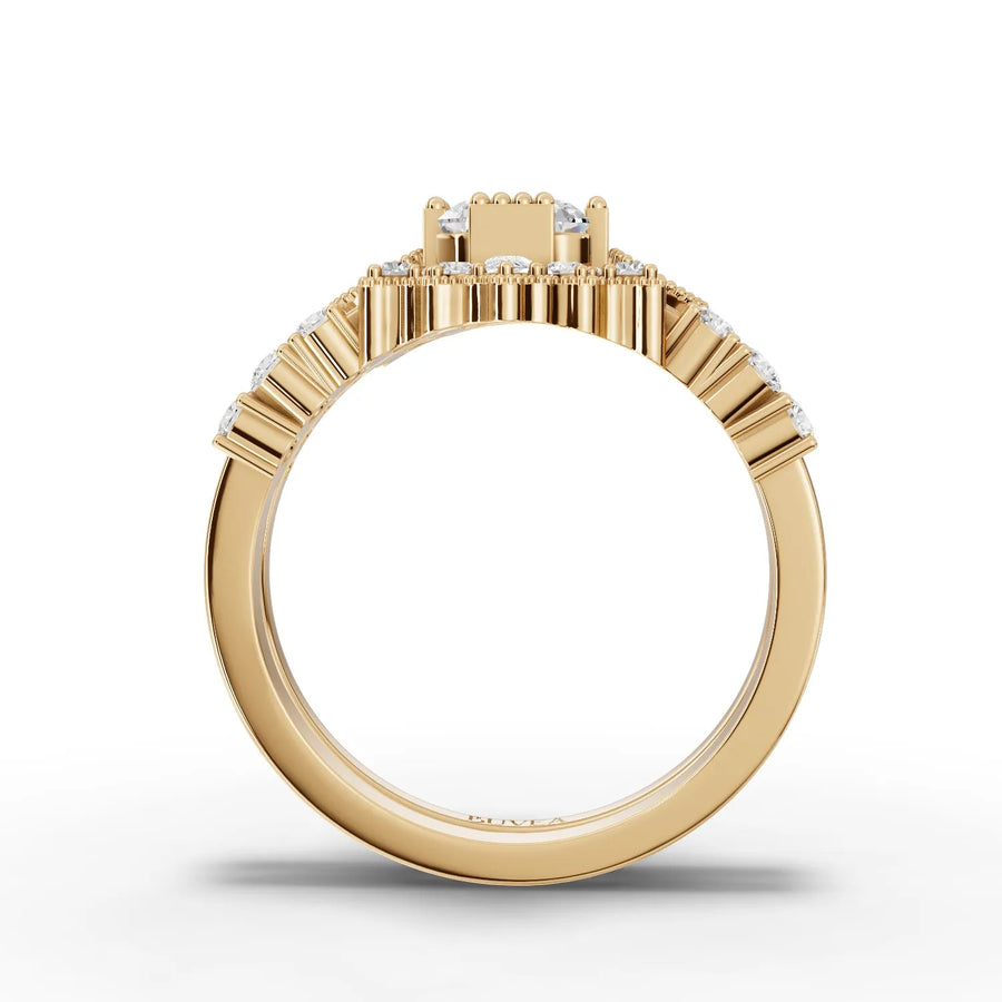 Emerald center halo ring yellow gold close-up
