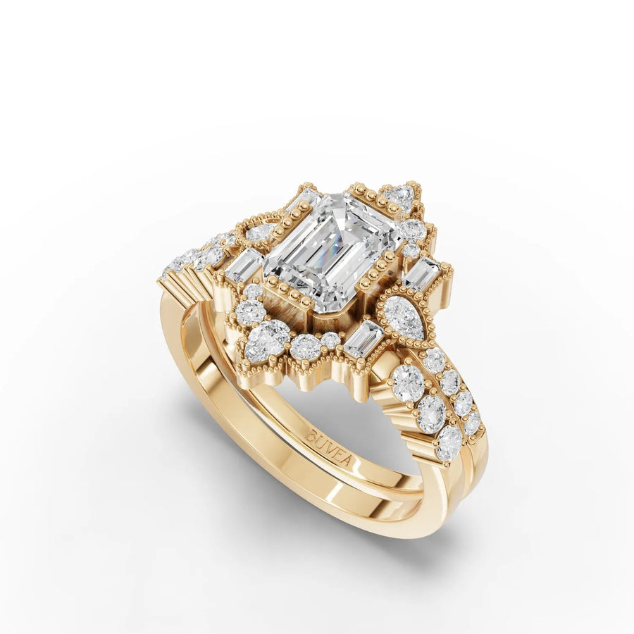 Multi-shape lab-grown diamond ring yellow gold angled profile