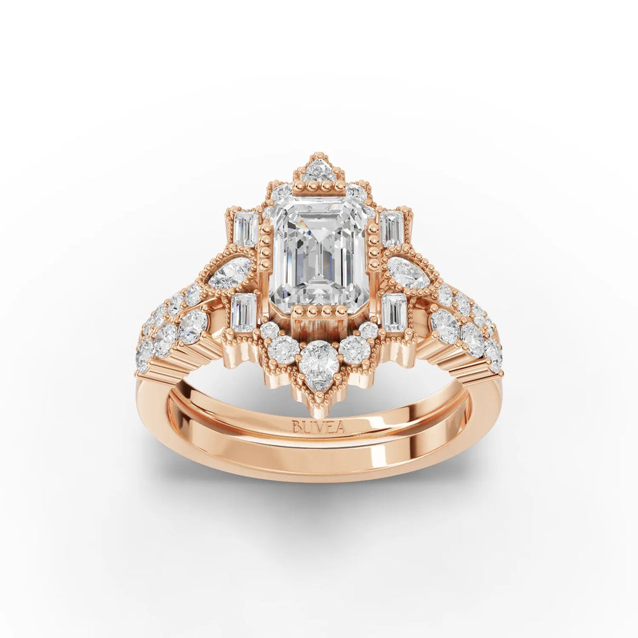 Emerald cut halo diamond ring rose gold top view