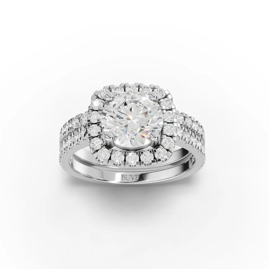 2.31 ct round halo split shank pavé lab diamond ring with 1.50 ct round center stone in gold