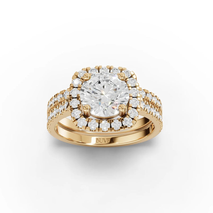 Round bridal lab-grown diamond ring yellow gold top view