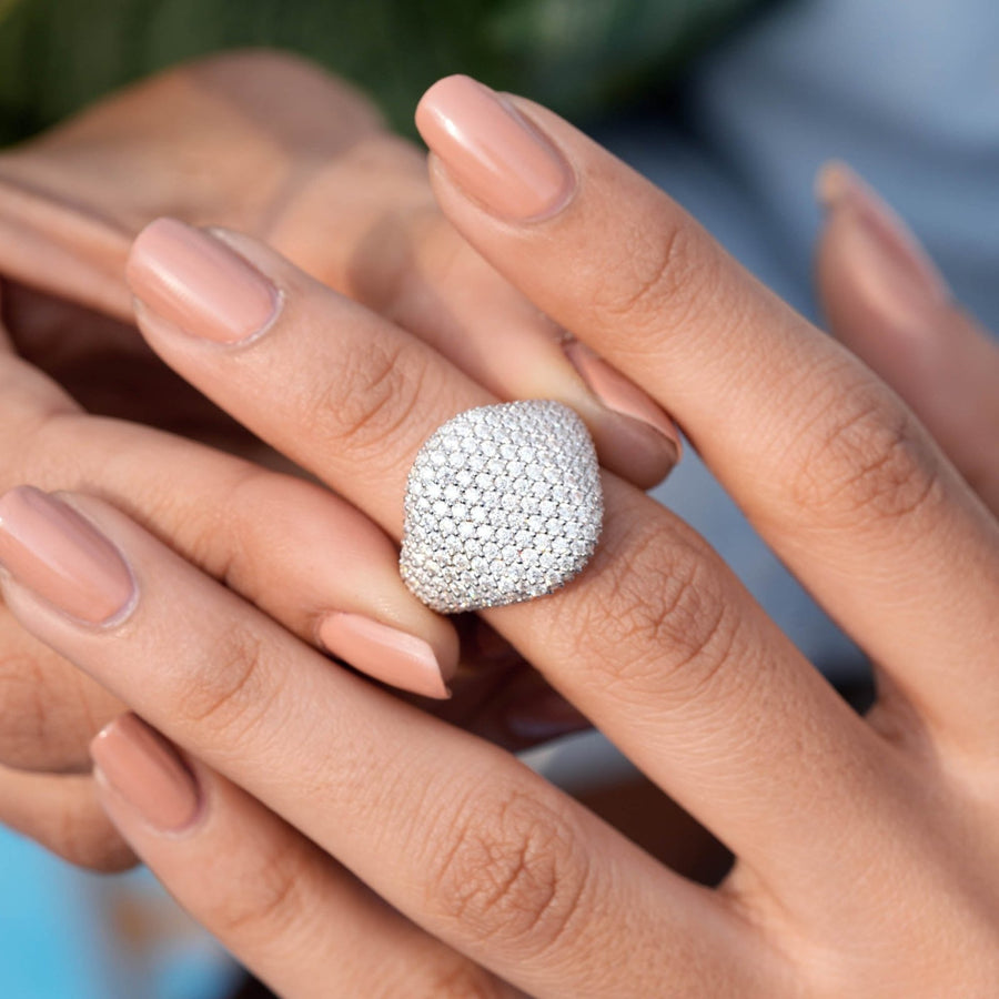 2.34 CT dome pavé diamond ring worn on hand