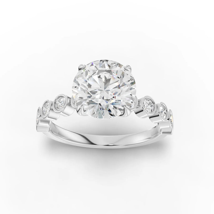 2.35 ct round bezel pavé solitaire lab diamond ring with 2.00 ct center stone and bezel-set accent diamonds
