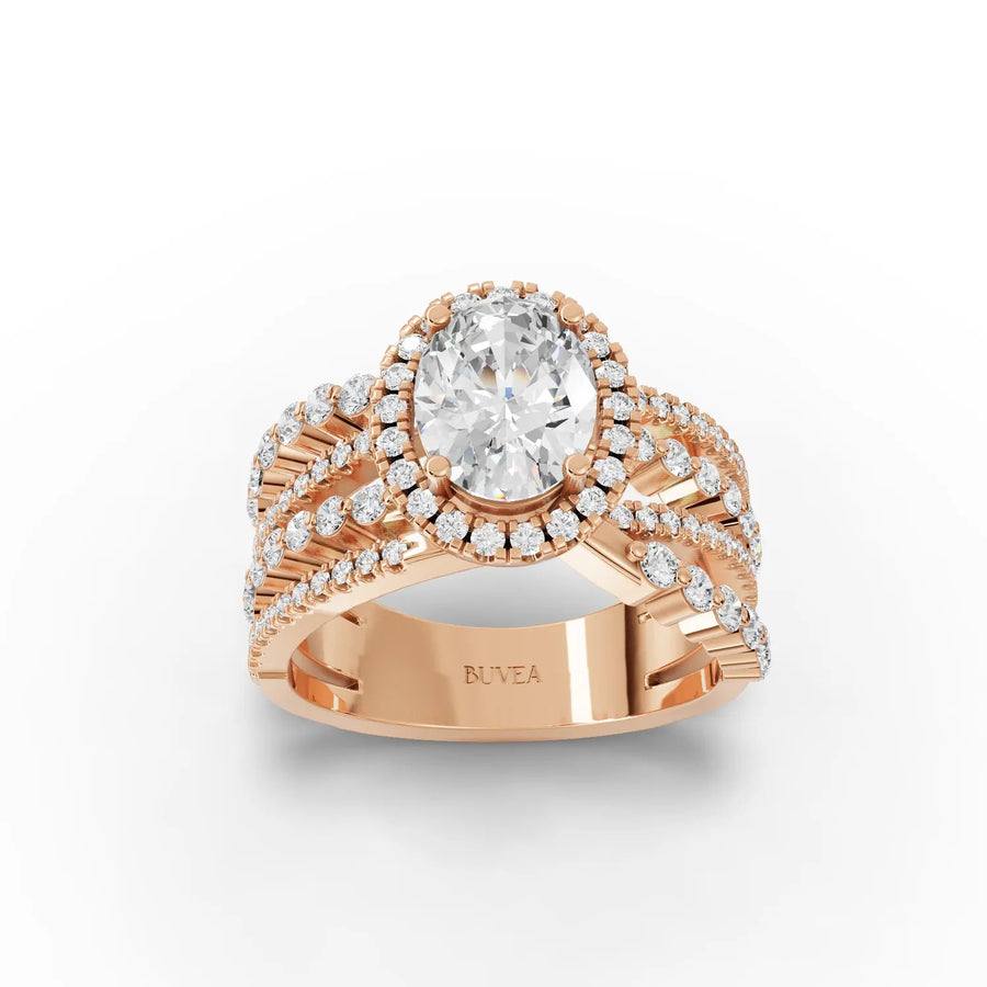 Oval halo lab-grown diamond ring rose gold top view