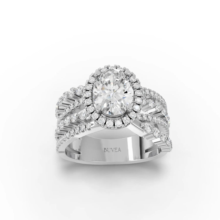 2.44 CT oval halo lab diamond ring with 1.5 CT center stone and split pavé band in 18K gold