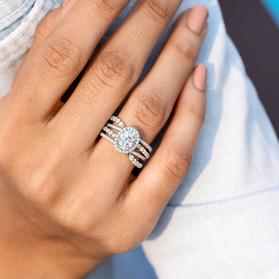 2.44 CT oval halo lab-grown diamond ring worn on hand