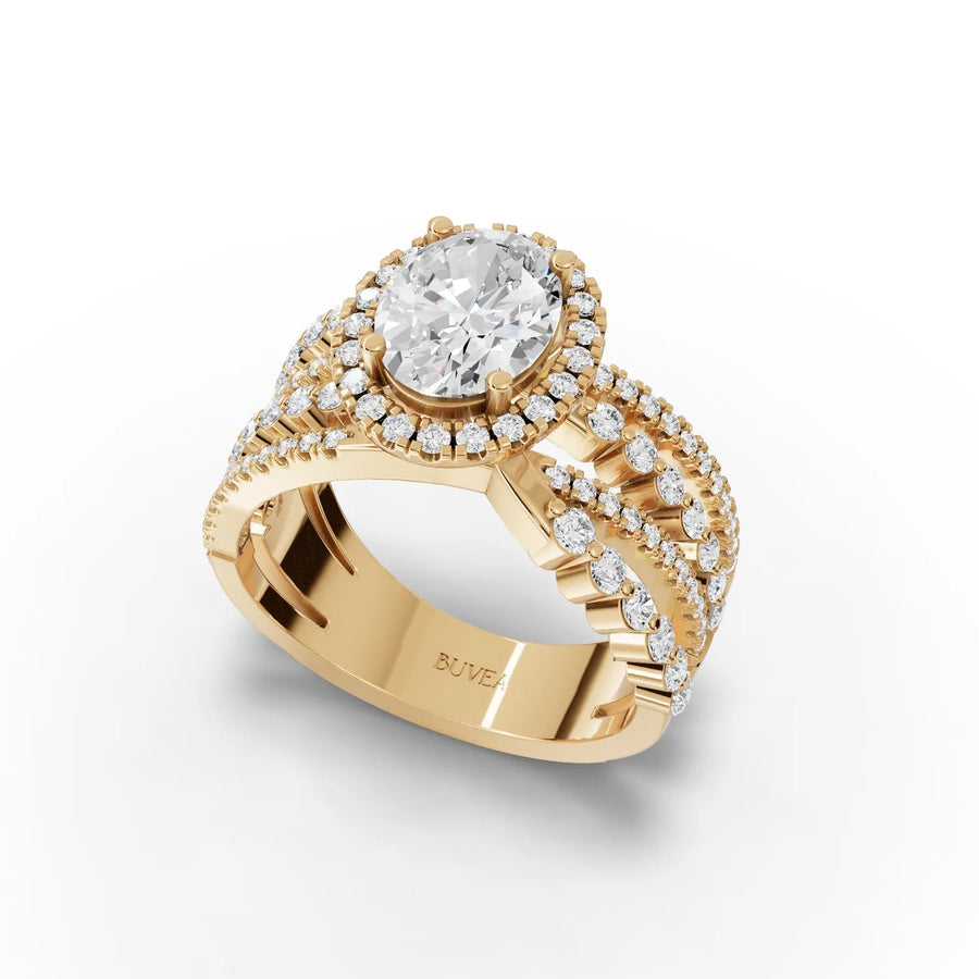2.44 CT oval halo ring yellow gold angled profile