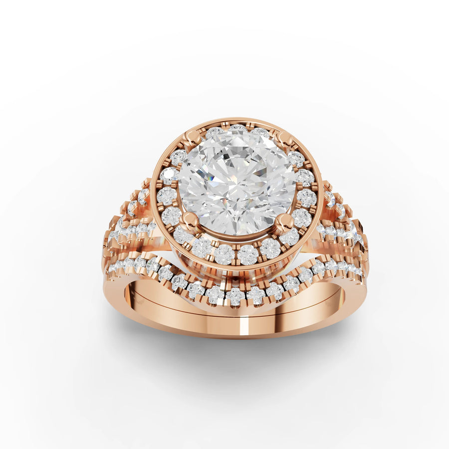 Triple halo ring rose gold angle