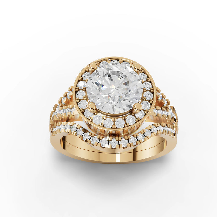 Triple halo ring yellow gold angle