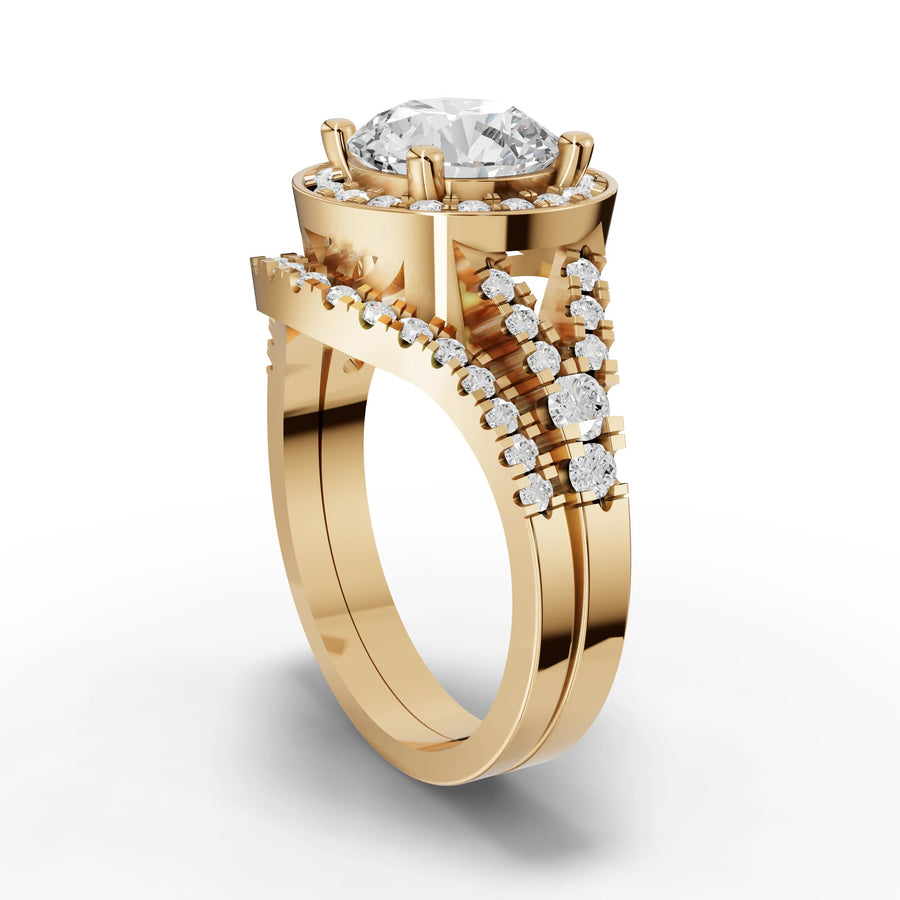 Lab-grown halo ring yellow gold close-up