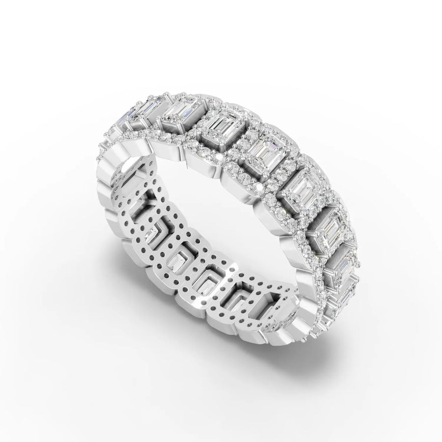 White gold emerald-cut halo band angled profile