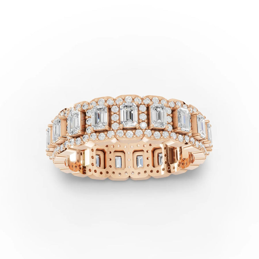 Emerald-cut eternity diamond band rose gold top view