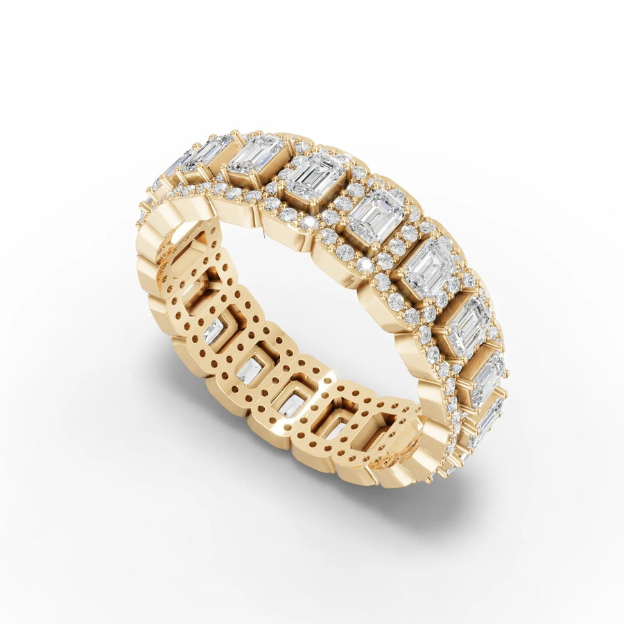 Yellow gold emerald-cut halo band angled profile