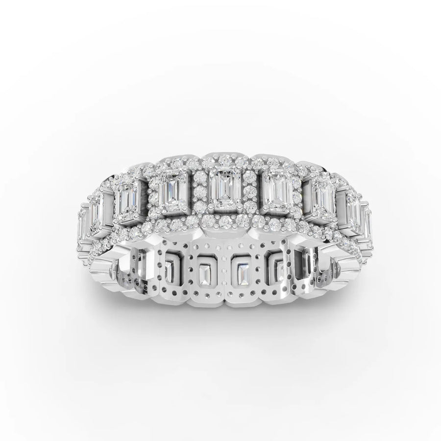 2.58 CT emerald cut eternity lab diamond band with round pavé halo accents in 18K gold