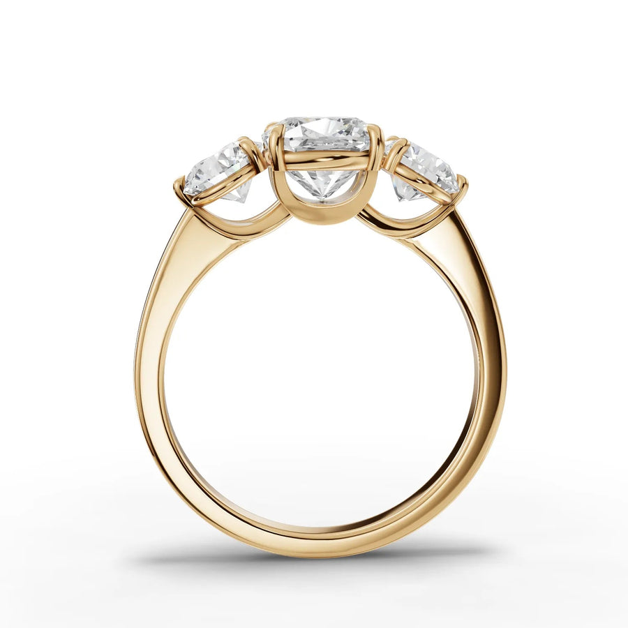 Cushion trinity lab-grown ring yellow gold close-up