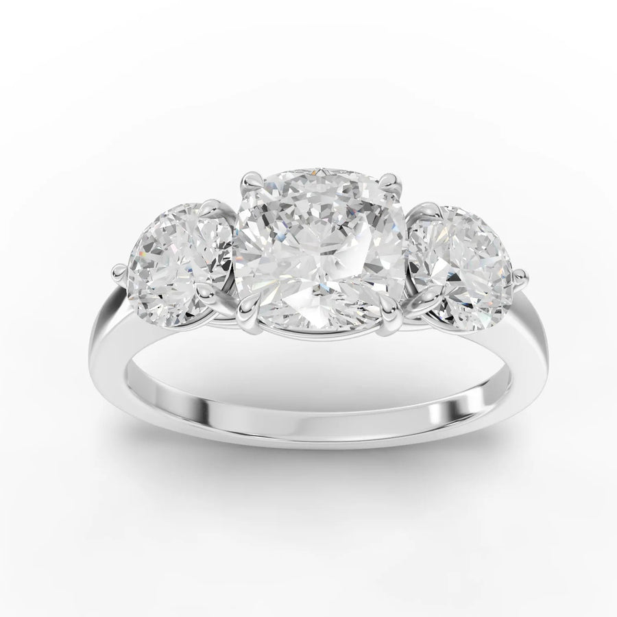 2.00 Ct cushion three-stone lab diamond ring with 1.50 Ct center diamond and round side stones