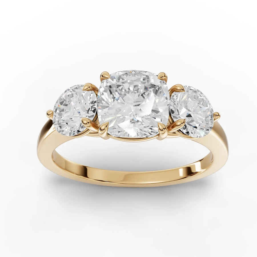 2.50 CT cushion trinity lab-grown diamond ring yellow gold top view
