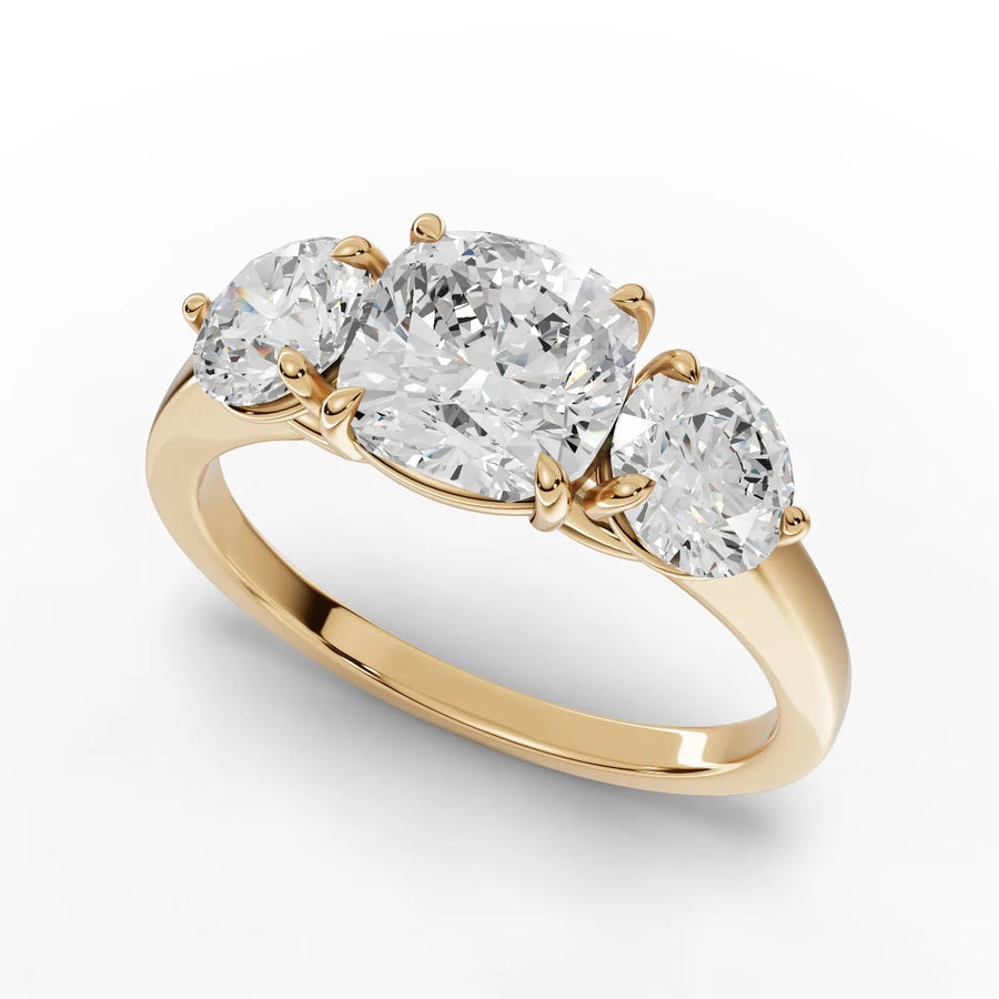 Cushion trinity diamond ring yellow gold angle