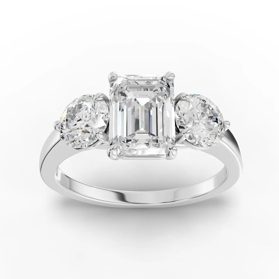 2.00 Ct emerald three-stone lab diamond ring with 1.50 Ct emerald-cut center and round side diamonds