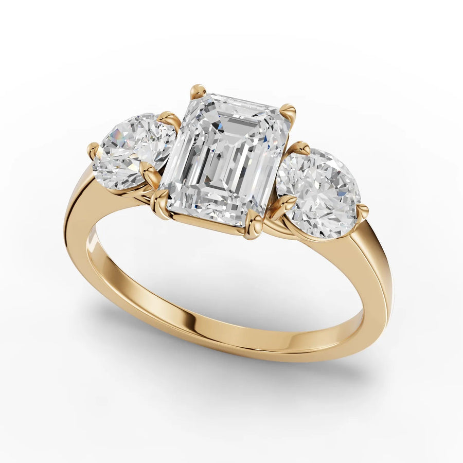 Emerald trinity diamond ring yellow gold angle