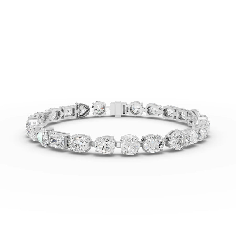 25.00 ct mixed cut lab grown diamond tennis bracelet in 18kt gold with round pear oval radiant and heart diamonds
