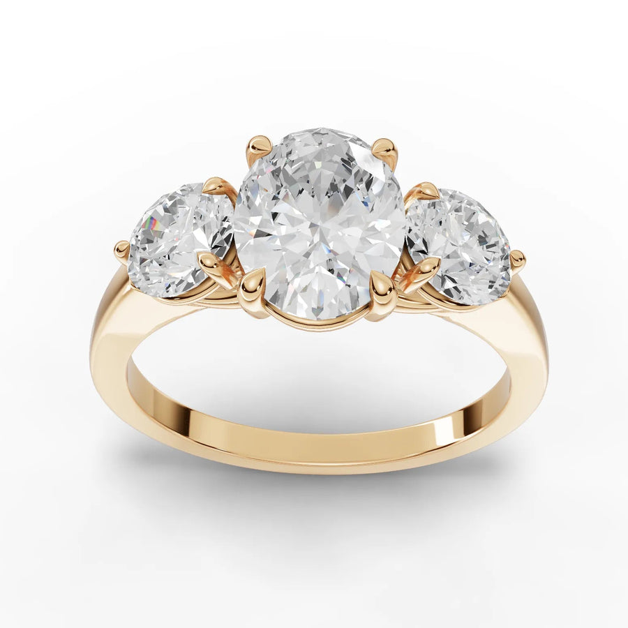 2.50 CT oval trinity lab-grown diamond ring yellow gold top view