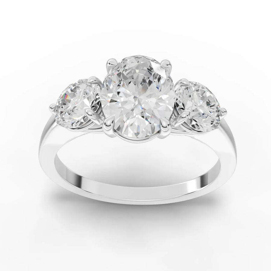 2.00 ct oval three-stone lab diamond ring with 1.50 ct oval center and round side diamonds
