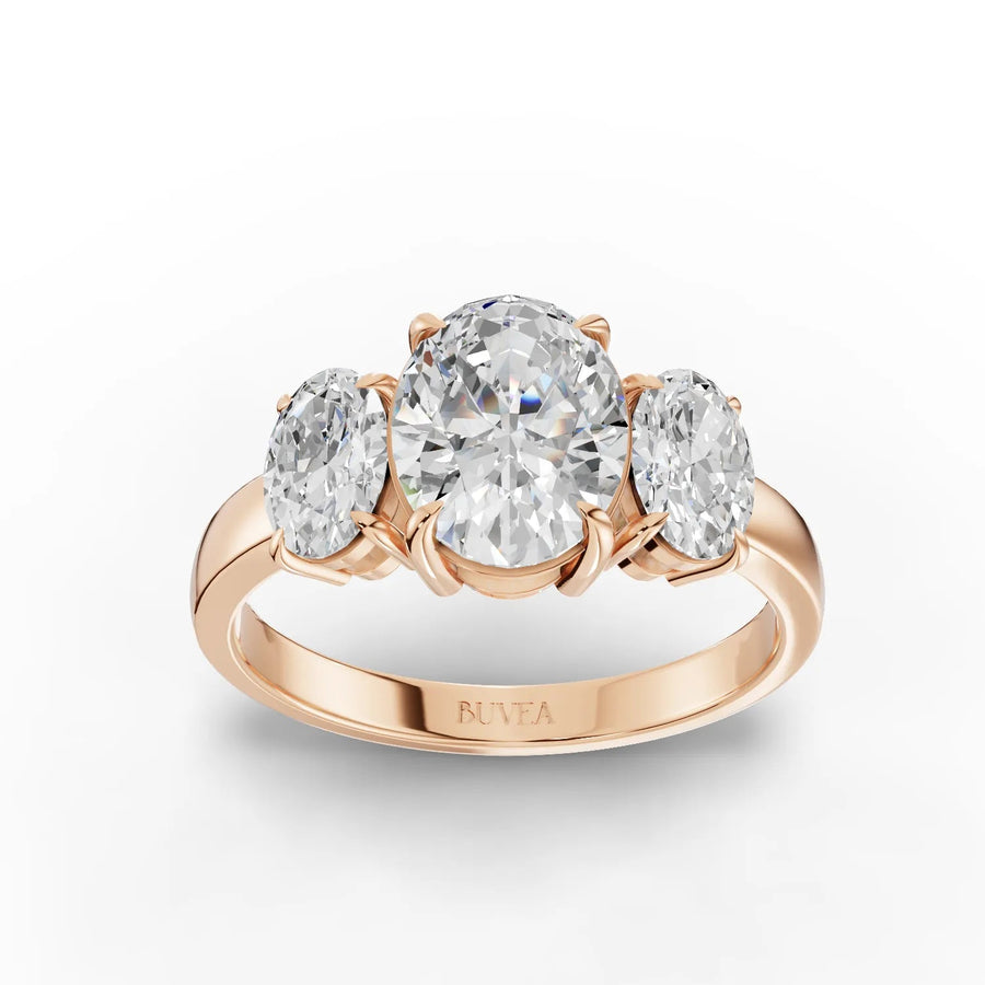 Three-stone oval diamond ring rose gold top view