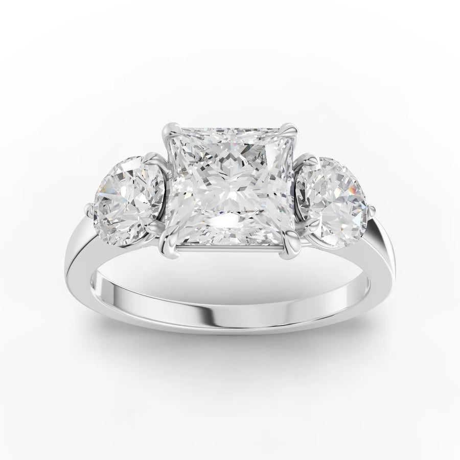 2.50 ct princess three-stone lab grown diamond ring with princess center and round side diamonds